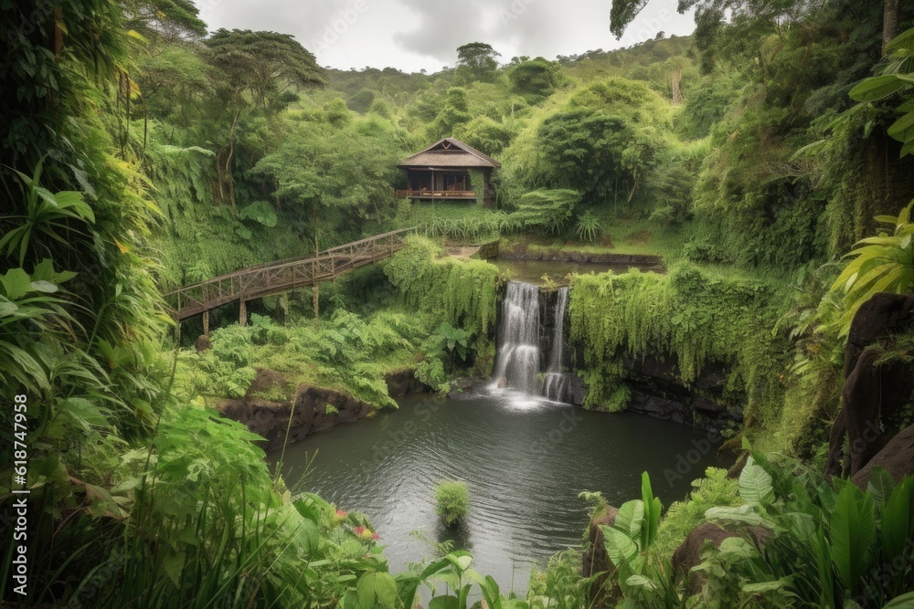 wellness retreats in beautiful natural setting, with a view of cascading waterfalls and lush greenery, created with generative ai