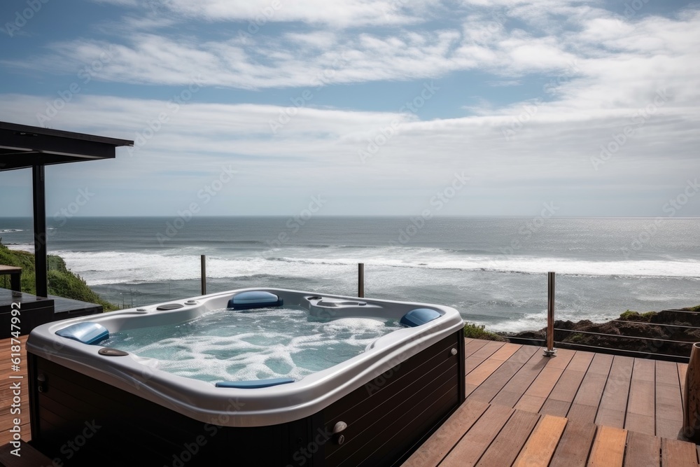 Fototapeta premium wellness retreat with hot tub and view of the ocean, created with generative ai
