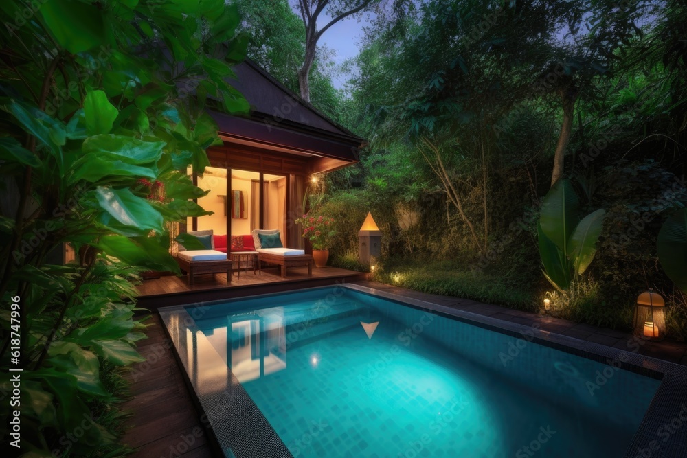 wellness retreat with private pool surrounded by lush greenery, created with generative ai