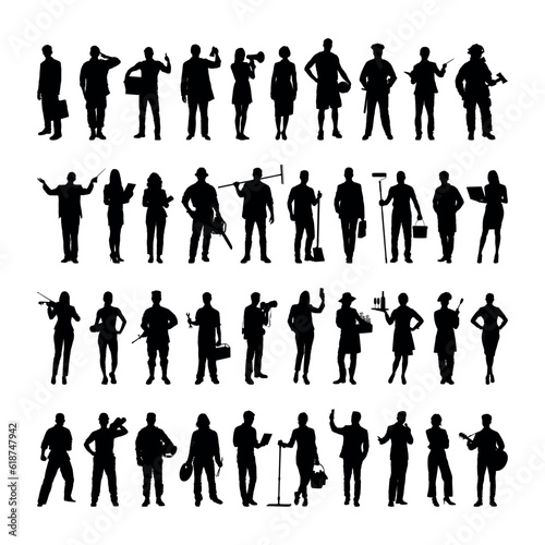 Set of people silhouettes different professions standing in a row on white background.