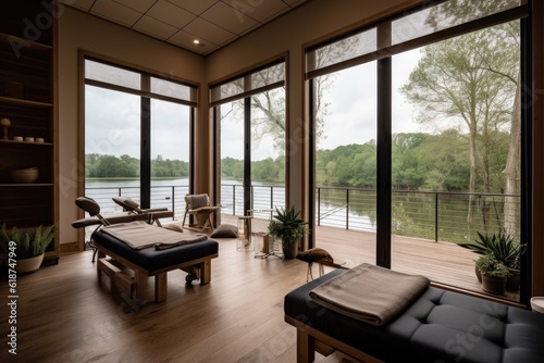 wellness retreat with scenic view of tranquil lake  created with generative ai