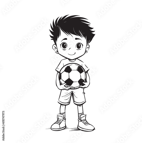 Outline Of boy with a soccer ball. Football. Line art, coloring book, illustration.