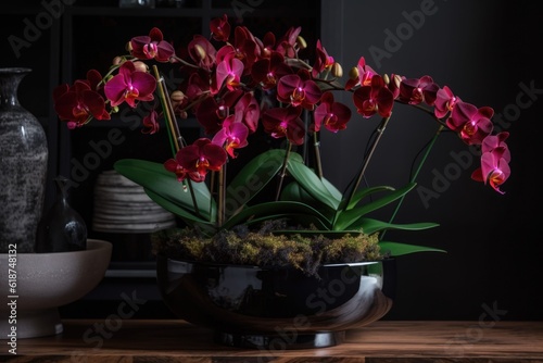 richly colored orchid in a modern black pot, created with generative ai