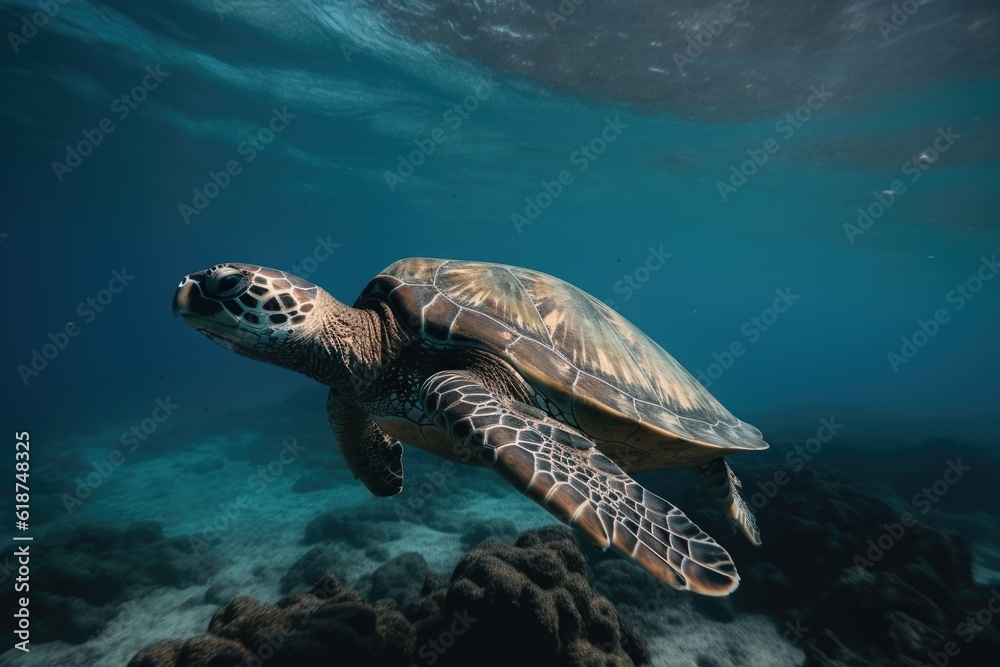 sea turtle swimming underwater, its sleek and powerful body gliding through the water, created with generative ai