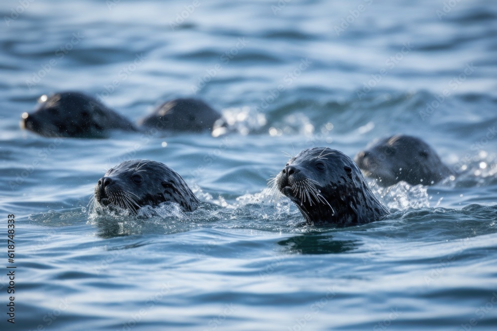 Fototapeta premium breath-taking view of a group of seal pups swimming in the ocean, their wake breaking the still water, created with generative ai
