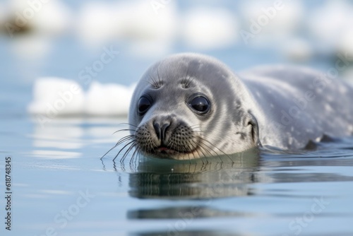 a seal pup sitting on an ice floe, its head tilted in curiosity, created with generative ai © altitudevisual