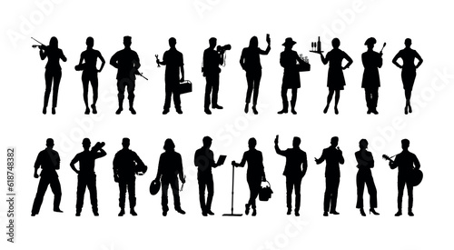 Professional workers with different fileds standing in row vector silhouette set collection.