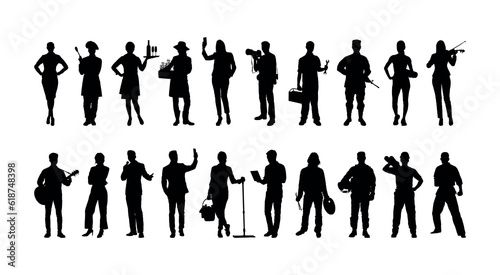 People with various occupations jobs standing together in row vector flat black silhouettes set collection.