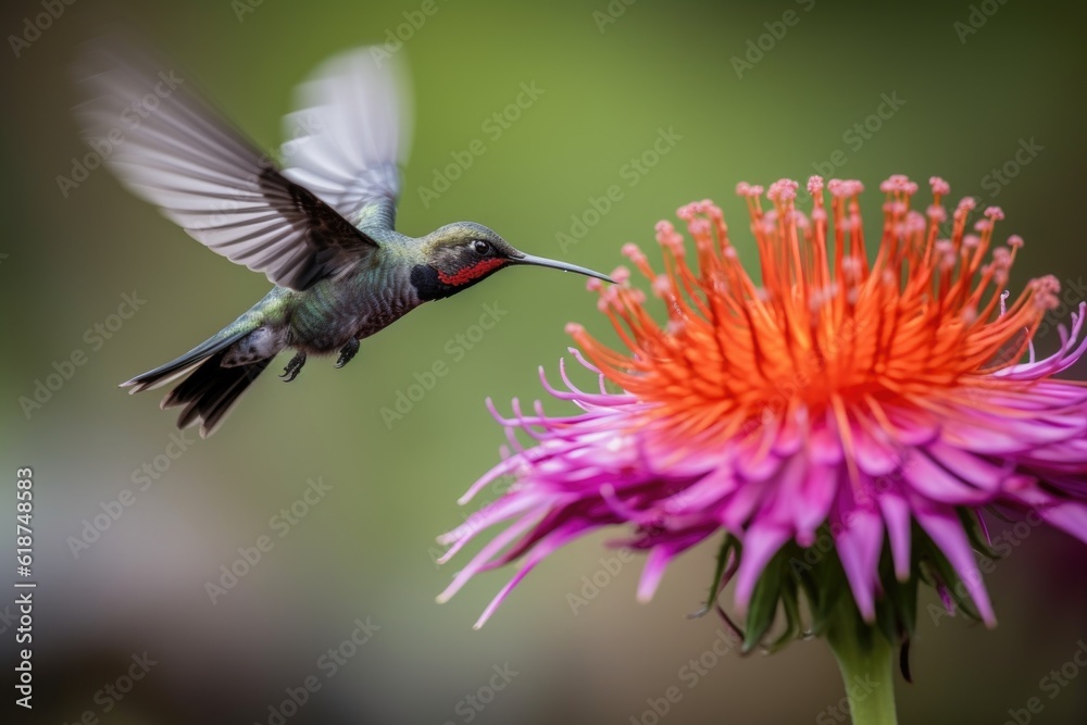 hummingbird hovering in front of blooming flower, taking flight, created with generative ai