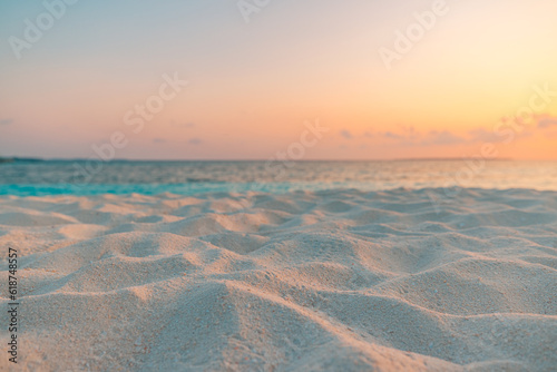 Closeup sand sea wave colorful summer panoramic beach landscape. Coast tropical island and seascape. Orange gold sunset sky, soft sandy calm tranquil Mediterranean relax sunlight, peaceful zen horizon