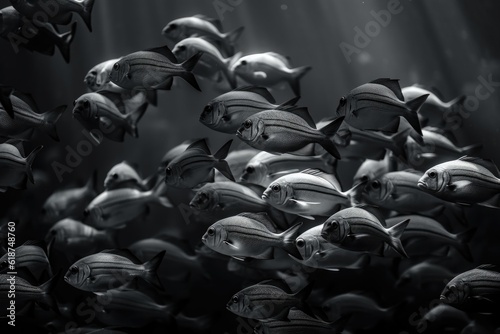 black and white photograph of school of tropical fish swimming in harmony, created with generative ai