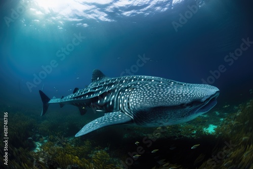 enormous whale shark swimming through tropical reef, created with generative ai