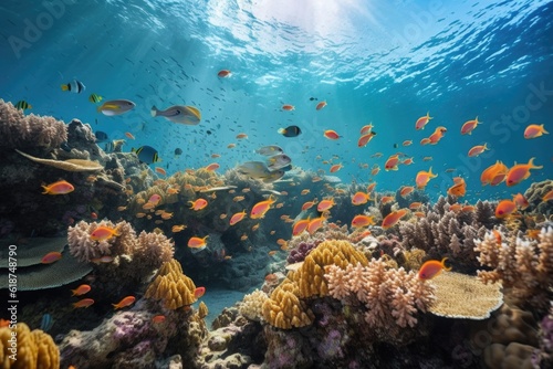 aquarium with schools of fish swimming around coral reef, created with generative ai © altitudevisual