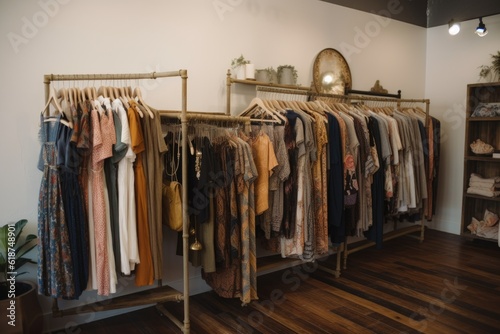 clothing boutique, showcasing upcycled and repurposed clothing with a modern flair, created with generative ai