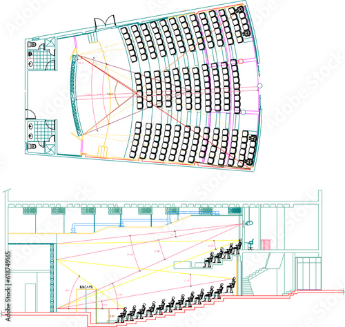 Vector sketch illustration of detailed architectural design of auditorium hall, music and dance performance hall