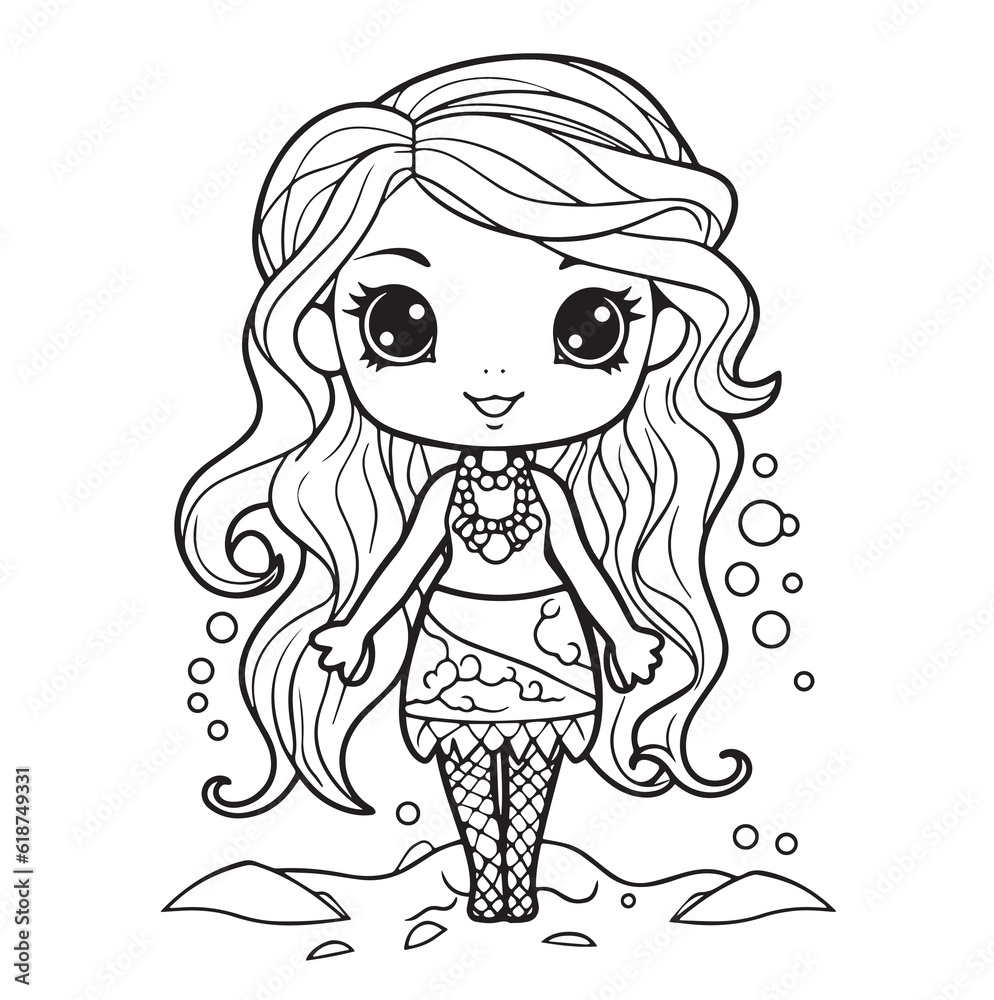 Beautiful mermaid illustration, in the sea, line art, coloring page, vector Beautiful mermaid illustration, in the sea, line art, coloring page, vector