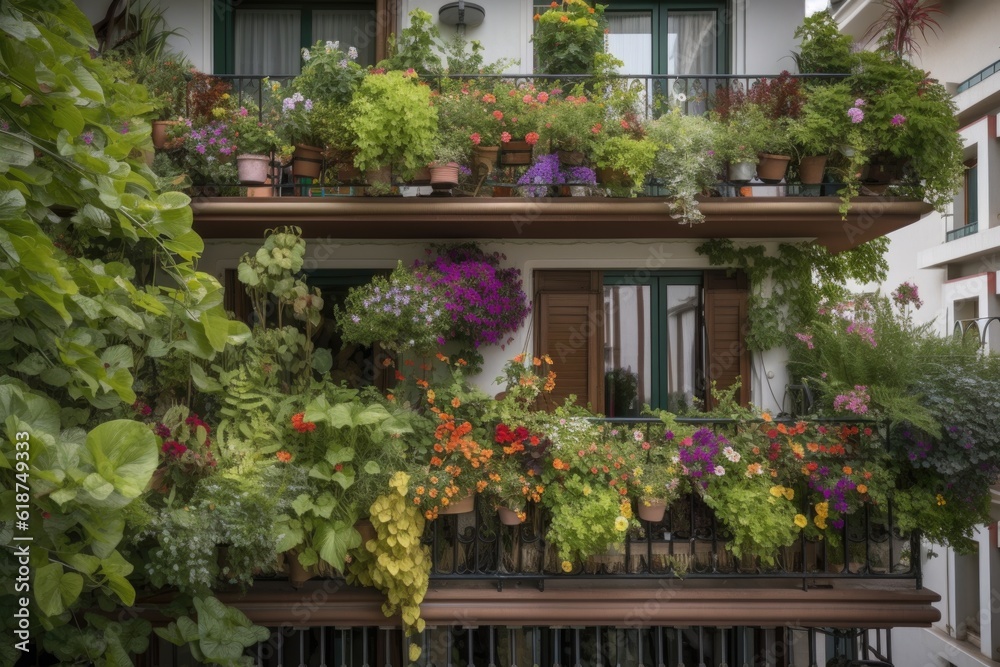 balcony garden filled with lush greenery and colorful flowers, created with generative ai