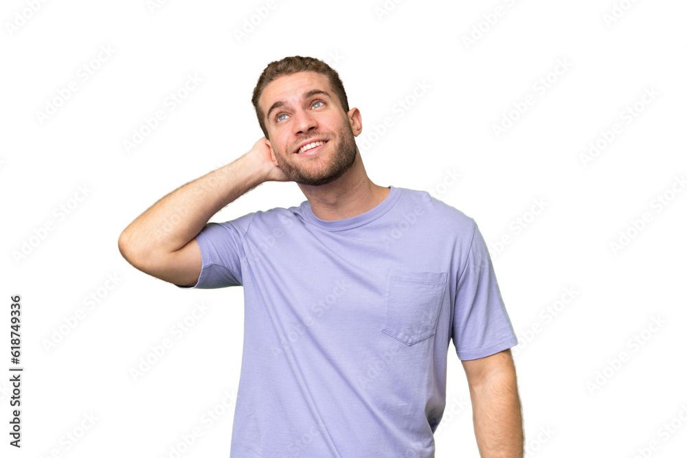 Young handsome caucasian man isolated on green chroma background thinking an idea Young handsome caucasian man isolated on green chroma background thinking an idea