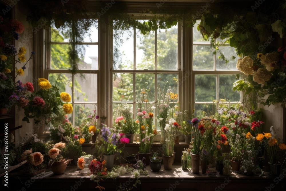 a window garden overflowing with lush greenery and blooming flowers, giving the room a burst of color, created with generative ai