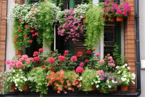 window garden overflowing with lush greenery and blooming flowers  created with generative ai