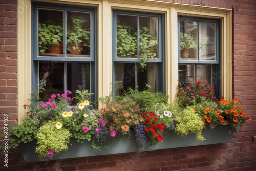 colorful window garden overflowing with blooms and greenery, created with generative ai