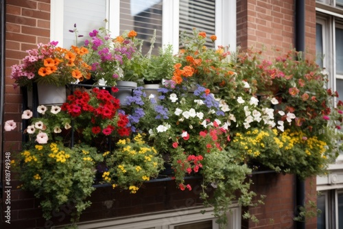 window garden overflowing with colorful blooms on sunny balcony, created with generative ai