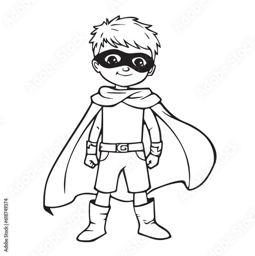 Cute Kid Super hero coloring page. cartoon vector art and illustration, line art, wall mural