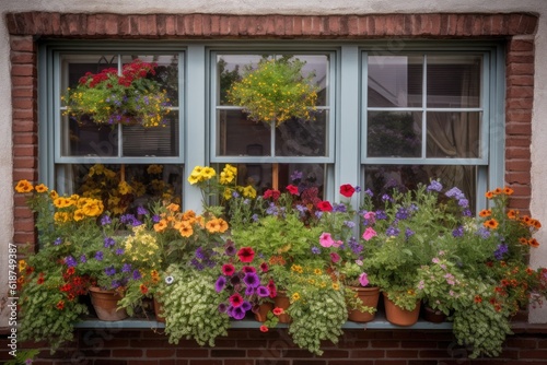 window garden filled with colorful annuals and perennials, created with generative ai