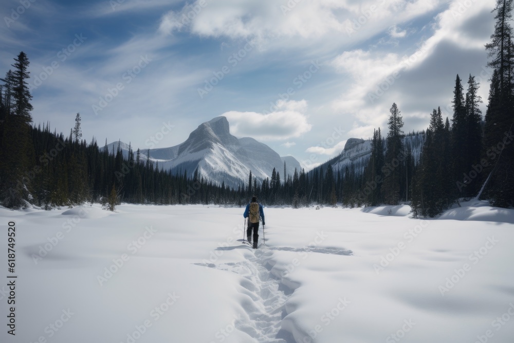 winter sports adventure: snowshoeing through snowy wilderness, with view of towering mountains in the background, created with generative ai
