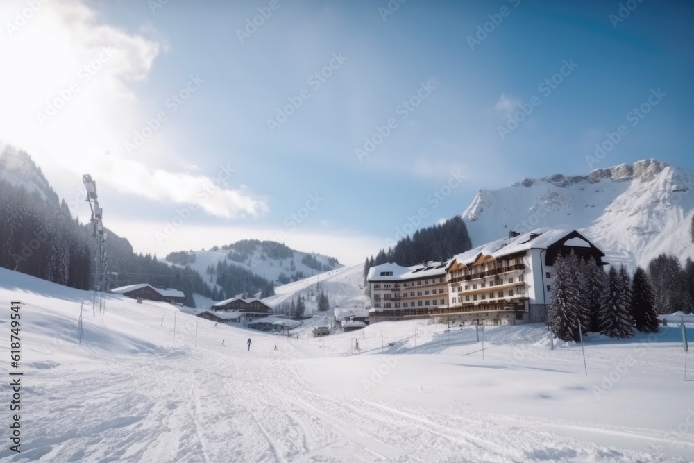 winter sports resort, with view of the slopes and ski lifts, surrounded by mountains, created with generative ai