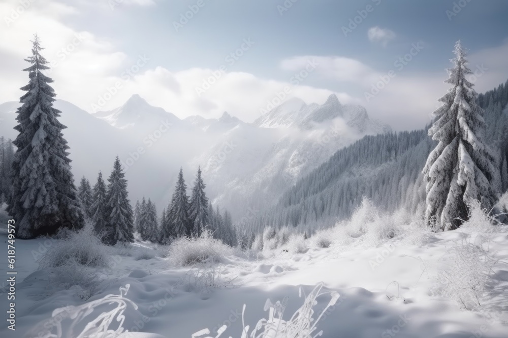winter landscape with snow-covered trees and mountains in the background, created with generative ai