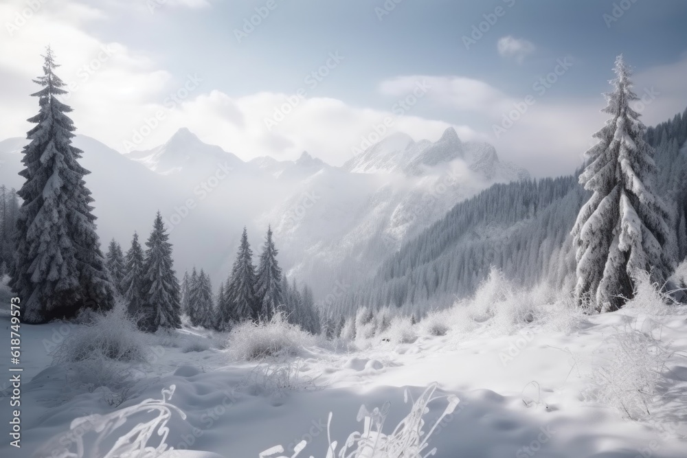 Fototapeta premium winter landscape with snow-covered trees and mountains in the background, created with generative ai