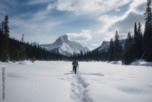 winter sports adventure: snowshoeing through snowy wilderness, with view of towering mountains in the background, created with generative ai