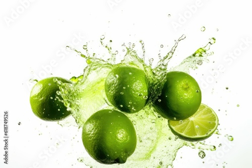 Limes floating in a clear splash of water against a white background - AI generated