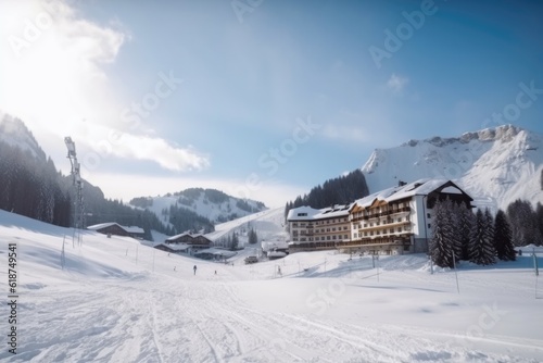 winter sports resort, with view of the slopes and ski lifts, surrounded by mountains, created with generative ai