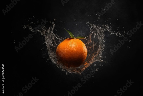 Orange with glistening water droplets on its surface on a black background - AI generated
