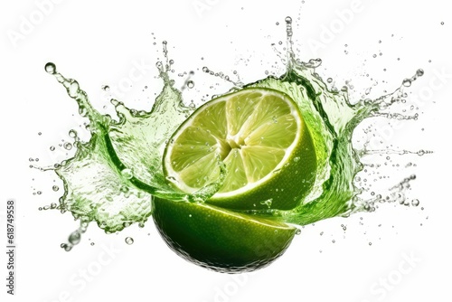 Closeup of sliced lime floating in a clear splash of water against a white background - AI generated