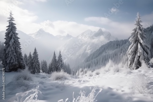 winter landscape with snow-covered trees and mountains in the background, created with generative ai © altitudevisual