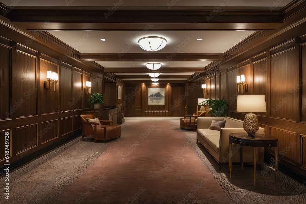luxury hotel lobby with plush carpeting and wood-paneled walls, created with generative ai