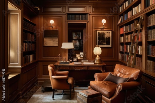 classic study with shelves of books  leather chair  and wood-paneled walls  created with generative ai