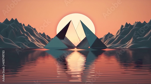 3d render, abstract background with triangular geometric frame and mystic landscape. Rocks and water, sunset or sunrise. Modern minimal wallpaper