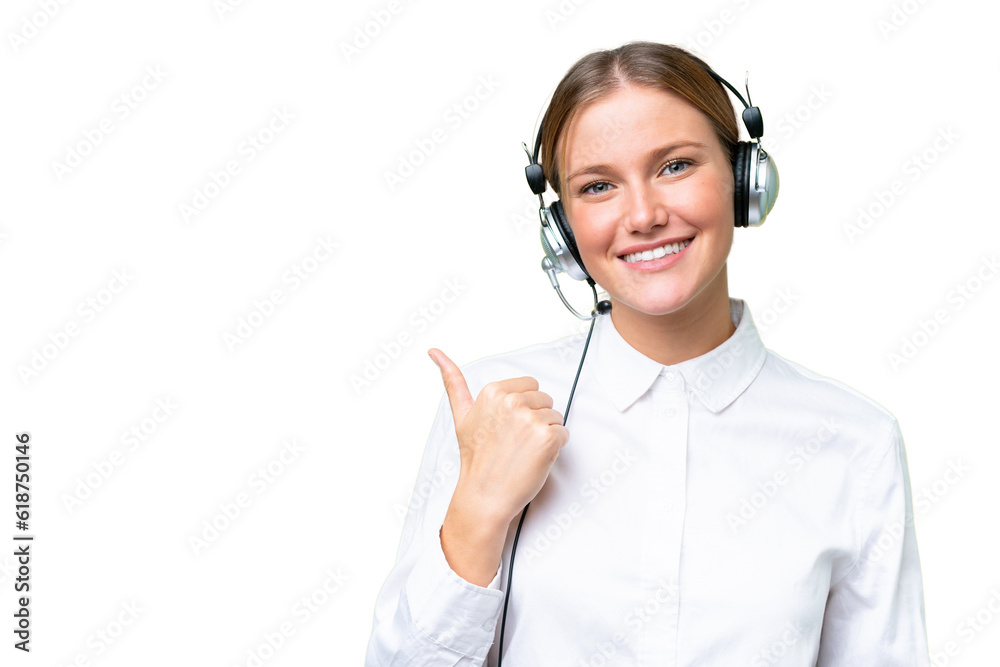 Telemarketer caucasian woman working with a headset over isolated background pointing to the side to present a product Telemarketer caucasian woman working with a headset over isolated background pointing to the side to present a product