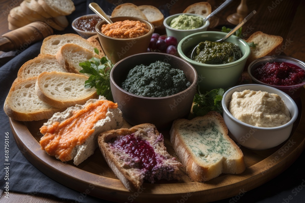 plate of freshly baked bread, paired with a variety of spreads and dips, created with generative ai