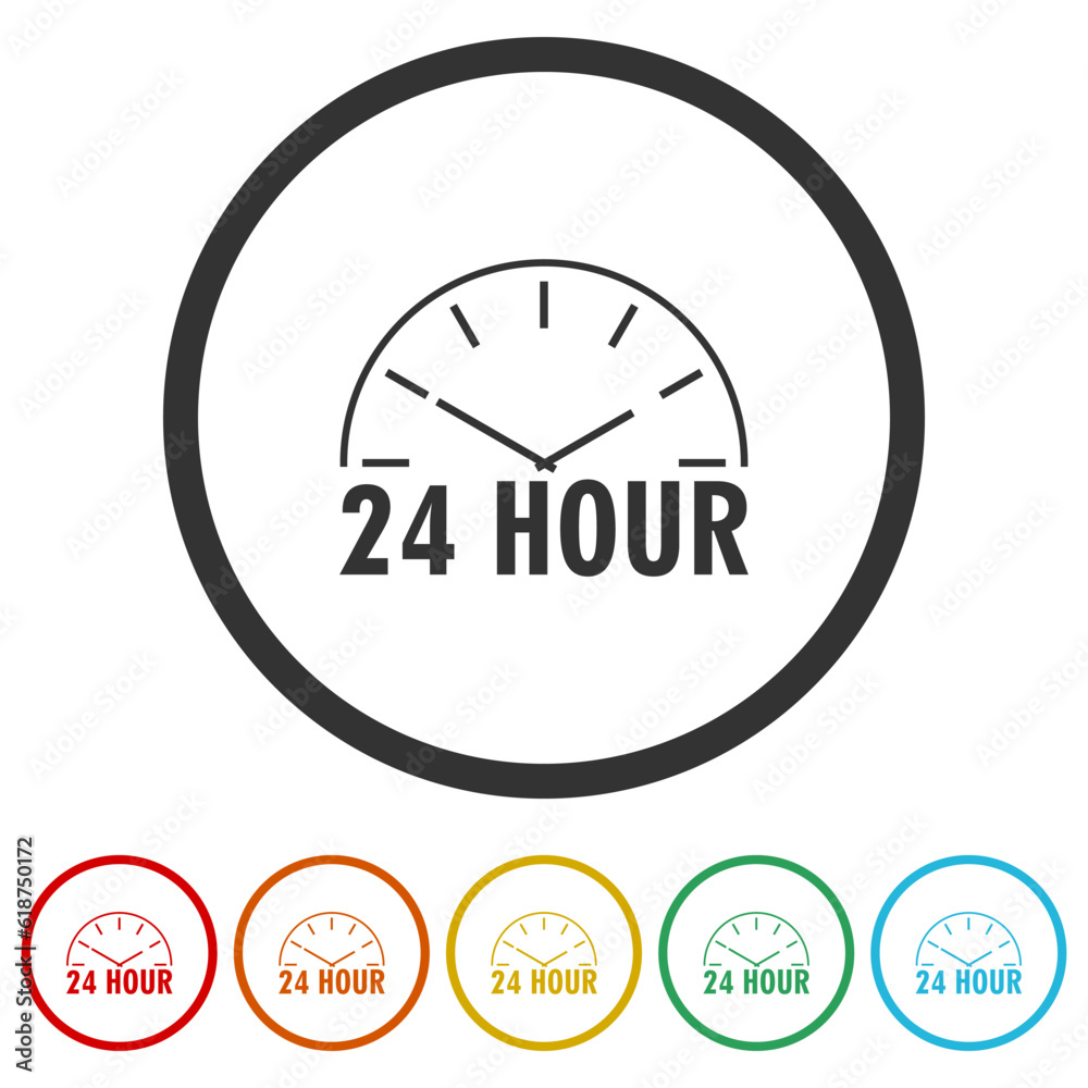 24 hour clock service icon. Set icons in color circle buttons 24 hour clock service icon. Set icons in color circle buttons