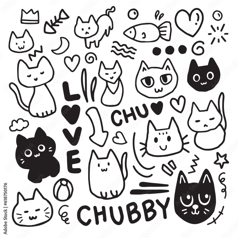 Set of doodle cute cat handdrawn for element and background Set of doodle cute cat handdrawn for element and background