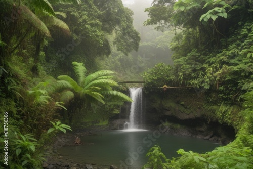 peaceful waterfall  surrounded by lush greenery and misty clouds  created with generative ai