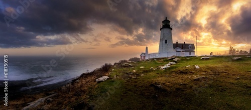 Scenic shot of Pemaquid Lighthouse in Maine, USA, with a stunning sunset sky in the background.