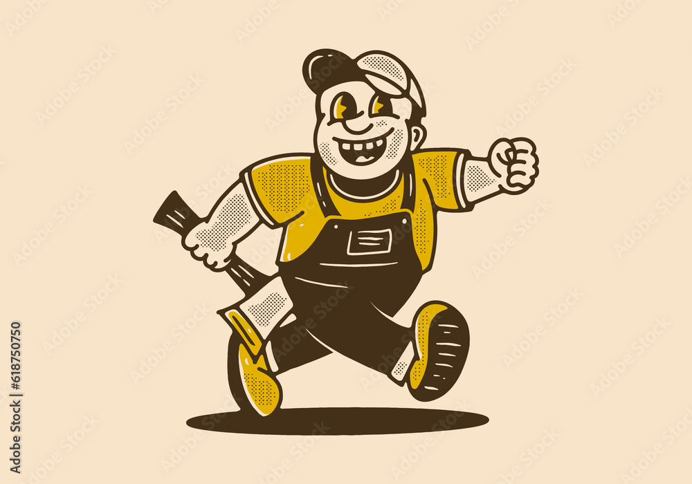 Vintage drawing of the mascot character design of running fat lumberjack holding ax