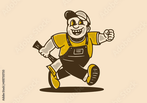 Vintage drawing of the mascot character design of running fat lumberjack holding ax