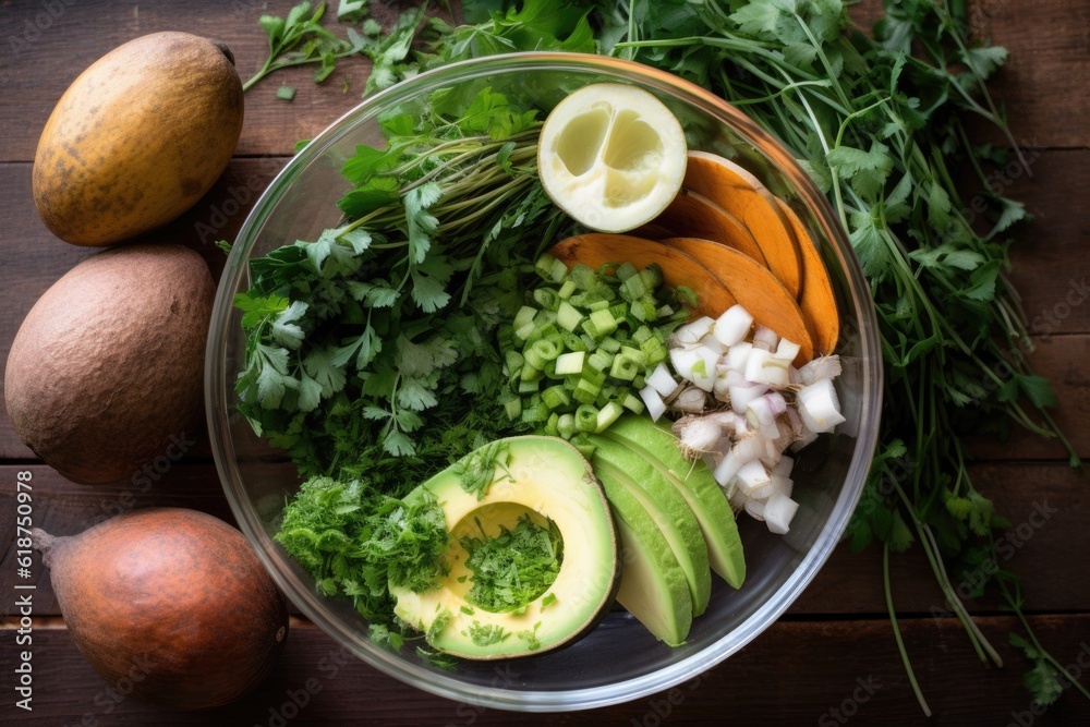 a bowl filled with ingredients for a deconstructed recipe: ripe avocado, fresh herbs and spices, created with generative ai a bowl filled with ingredients for a deconstructed recipe: ripe avocado, fresh herbs and spices, created with generative ai